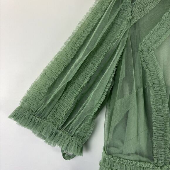 Mac Duggal 8058 Green High Neck Micro Ruffle Tiered Midi Dress Jade Sage - Picture 3 of 7